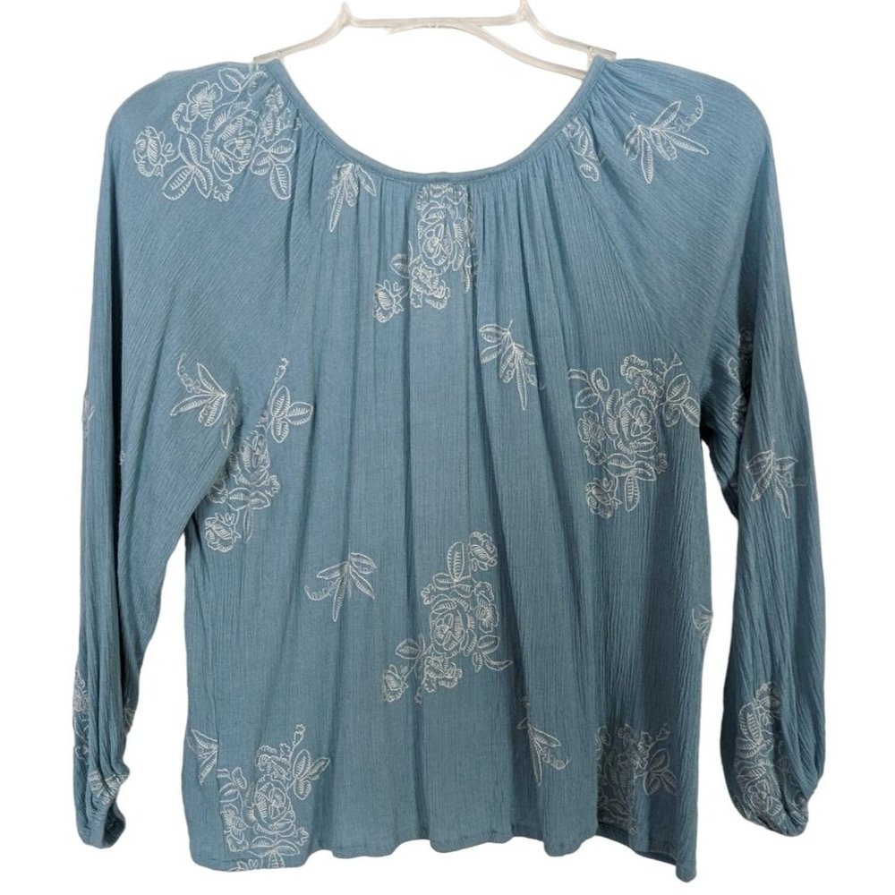 Obsessive Love baby blue Embroidered Floral boho tassel peasant Tunic top S - Picture 3 of 9